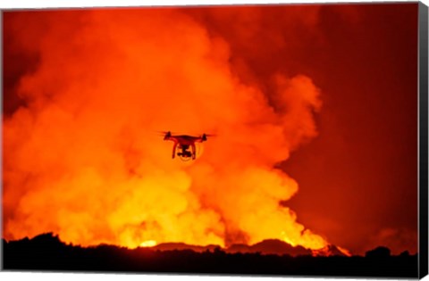 Framed Radio Contolled Drone flying over Eruption, Holuhraun Fissure, Bardarbunga Volcano, Iceland. Print