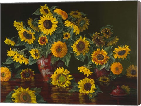 Framed Sunflowers with Two Crimson Vases Print