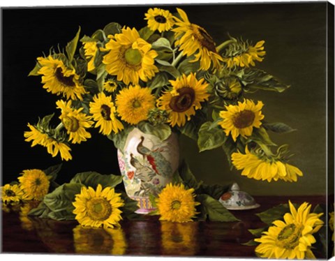 Framed Sunflowers in a Chinese Peacock Vase Print