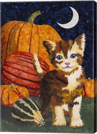 Framed Calico Kitten &amp; Pumpkins Print