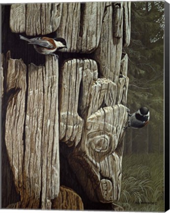 Framed Chickadees On Totem Print