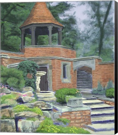 Framed Brick Building and Bird Bath Print