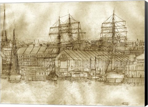 Framed Boston Harbor c. 1877 Sepia Tone Print