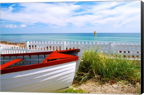 Framed Boat By The Beach Print