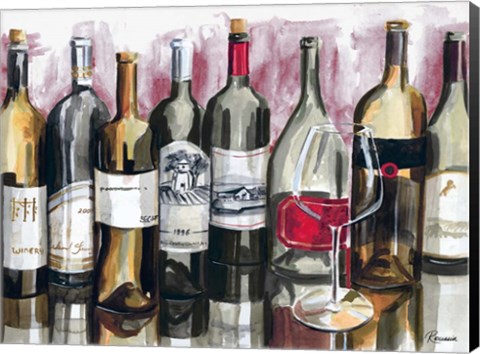 Framed Bottles Reflect on Red I Print