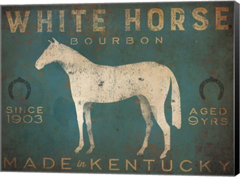 Framed White Horse with Words Blue Print