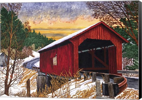 Framed Sunset At The Old Bridge, Vermont Print