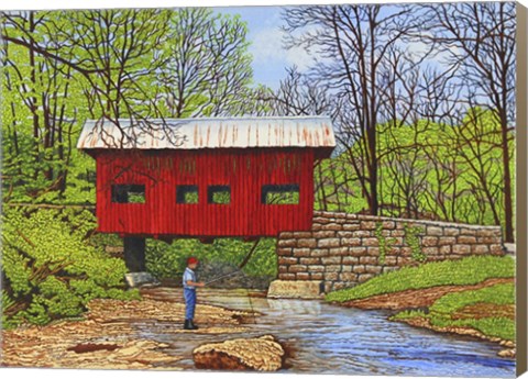Framed Fishing At Devil&#39;s Den Bridge Print