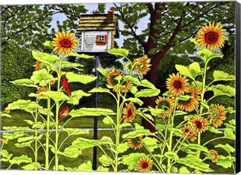 Framed Sunflowers And Birdhouse Print