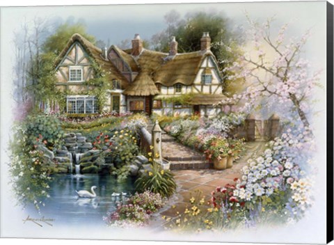 Framed Cottage Scene With Swan Print
