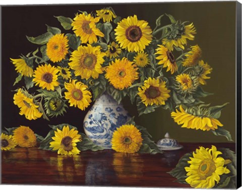 Framed Sunflowers in Blue and White Vase Print