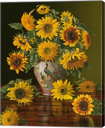 Framed Sunflowers In A Peacock Vase Print