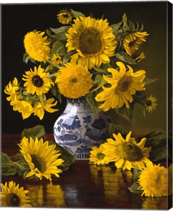 Framed Sunflowers in Blue &amp; White Chinese Vase Print