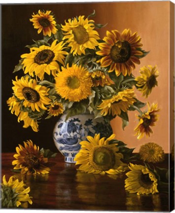 Framed Sunflowers in a Blue Willow Vase Print