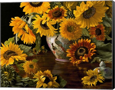 Framed Sunflowers in a White Chinese Vase Print