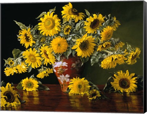 Framed Sunflower in a Red Chinese Vase Print