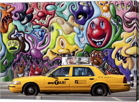 Framed Taxi and Mural painting in Soho, NYC Print