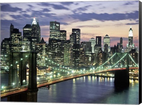 Framed Brookyn Bridge and Downtown skyline, NYC Print