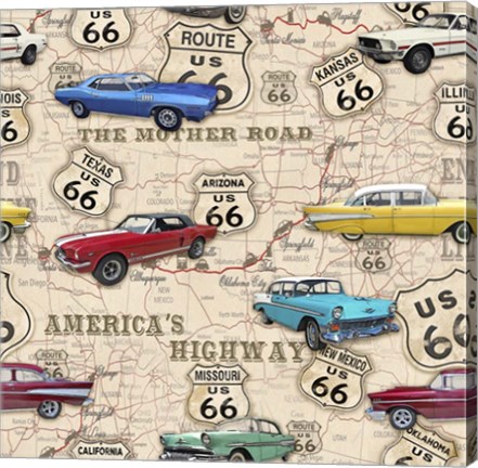 Framed Route 66 Muscle Car Map Print
