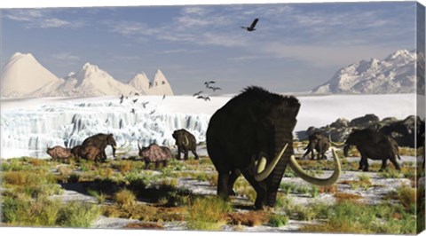 Framed Woolly Mammoths and Woolly Rhinos in a Prehistoric Landscape Print