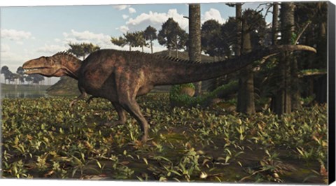 Framed Acrocanthosaurus Dinosaur Roaming A Cretaceous Landscape Print