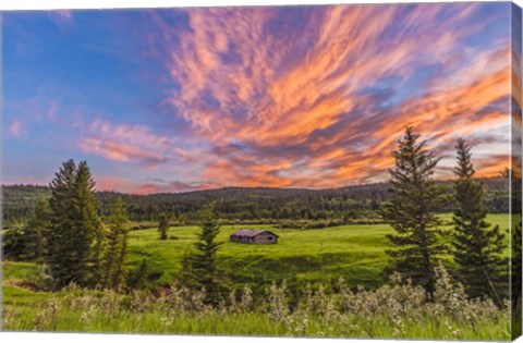 Framed Sunset over a Log Cabin Print