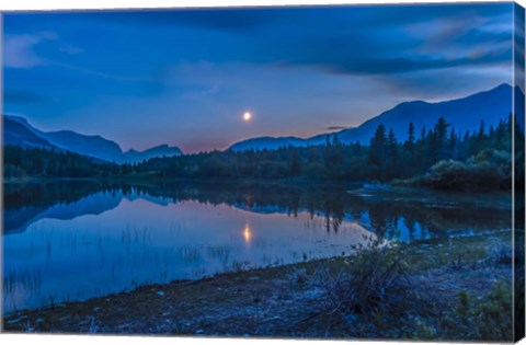 Framed Crescent moon over Middle Lake in Bow Valley, Alberta, Canada Print