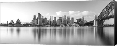 Framed Sydney Harbour Bridge and skylines at dusk, Sydney, New South Wales, Australia Print