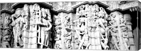 Framed Sculptures carved on a wall of a temple, Jain Temple, Ranakpur, Rajasthan, India BW Print