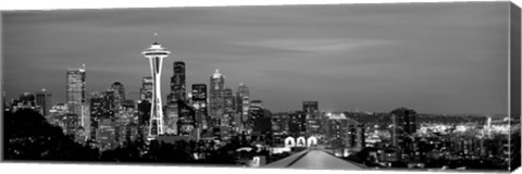 Framed Skyscrapers in a city lit up at night, Space Needle, Seattle, King County, Washington State Print