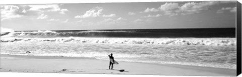 Framed Surfer standing on the beach, North Shore, Oahu, Hawaii BW Print