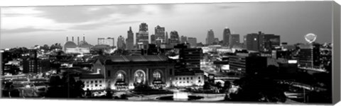 Framed Union Station at sunset with city skyline in background, Kansas City, Missouri BW Print