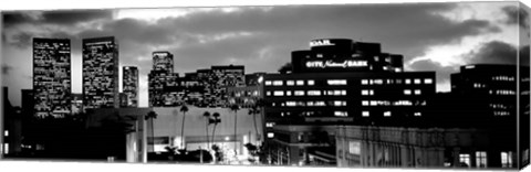 Framed Building lit up at night in a city, Century City, Beverly Hills, California Print