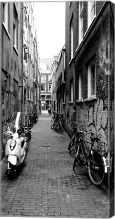 Framed Scooters and bicycles parked in a street, Amsterdam, Netherlands Print