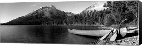 Framed Canoe in lake in front of mountains, Leigh Lake, Rockchuck Peak, Teton Range, Wyoming Print