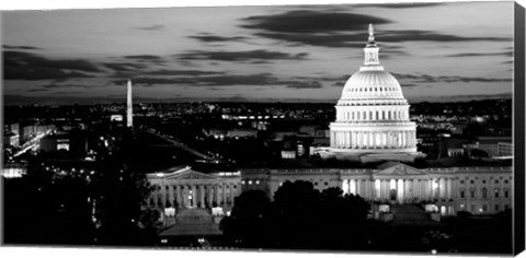 Framed High angle view of a city lit up at dusk, Washington DC Print