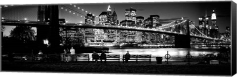 Framed Suspension bridge lit up at dusk, Brooklyn Bridge, Manhattan, NY Print