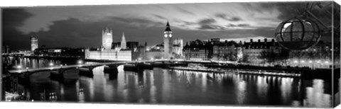 Framed Buildings lit up at dusk, Big Ben, Houses Of Parliament, London, England BW Print