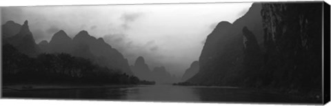 Framed River passing through a hill range, Guilin Hills, Li River, Yangshuo, China BW Print