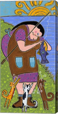 Framed Big Diva Fishing With Cats Print