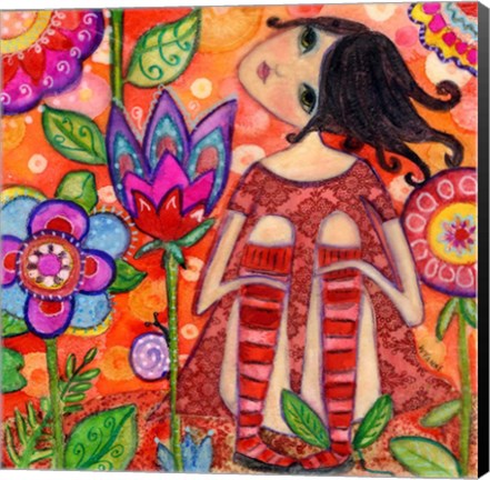 Framed Big Eyed Girl Magic Flower Garden Print