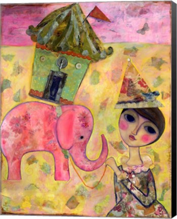 Framed Big Eyed Girl Pink Elephant Circus Print