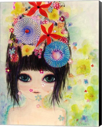 Framed Big Eyed Girl Raining Flowers Print