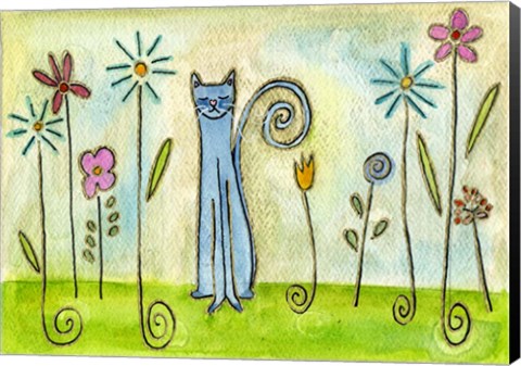 Framed Blue Cat In The Flower Garden Print
