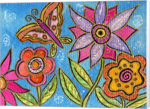 Framed Funky Flowers And Butterfly Print