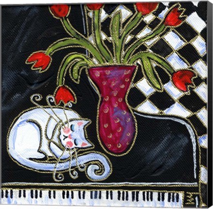 Framed Kitty Asleep On The Piano Print