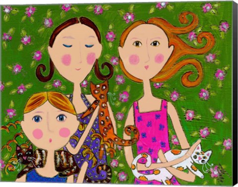 Framed Three Girls Three Kittens Print