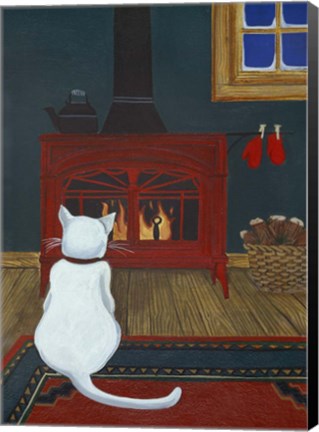 Framed Mittens Warming By The Fire Print