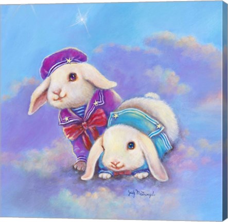 Framed Two Lop Eared Bunnies Mouse and Two Bunnies in Clouds I Print