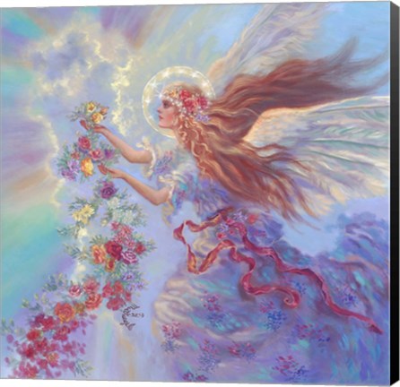 Framed Angel With Flower Garland Print